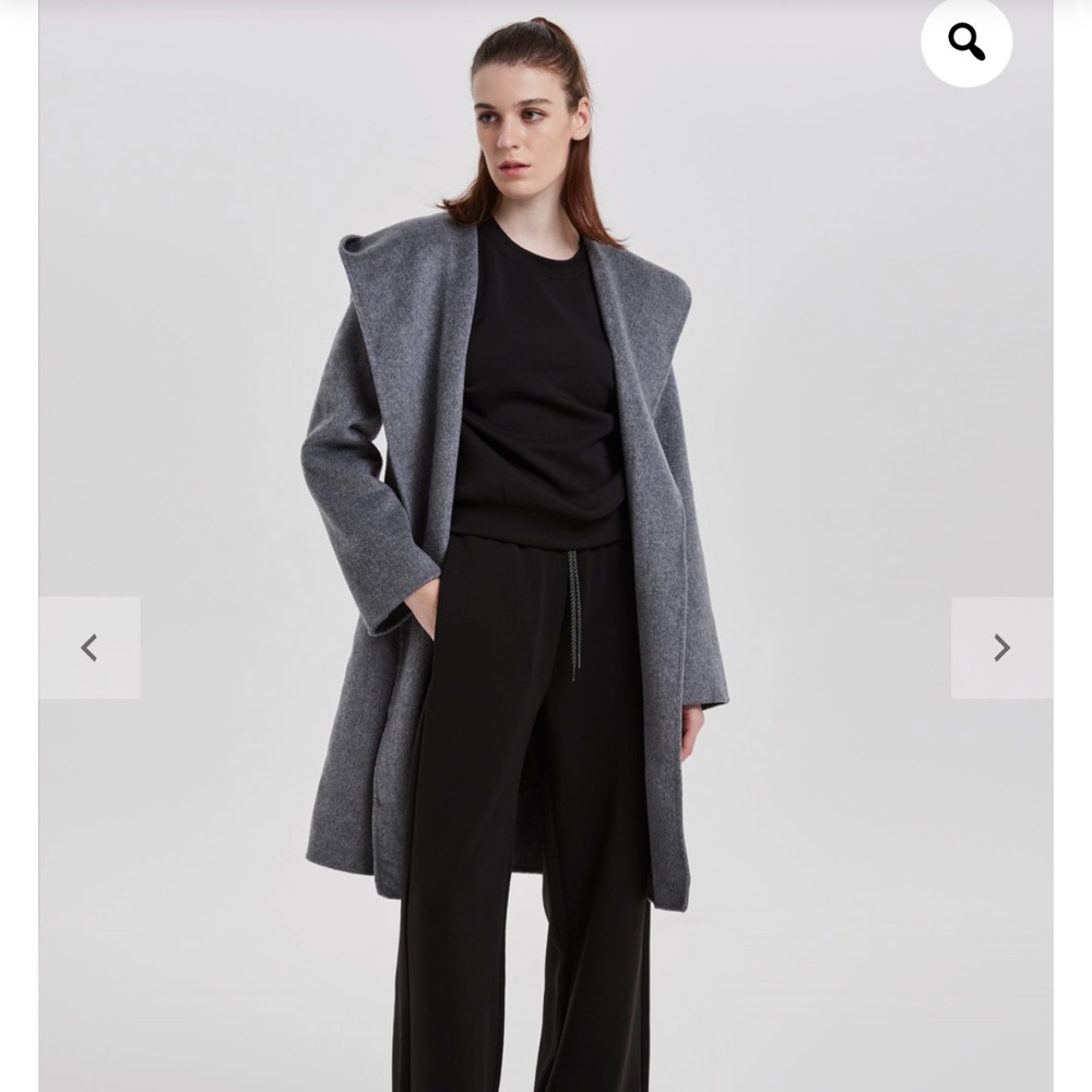 Lit Activewear Hooded Belt Mid-length Wool Coat Grey Large